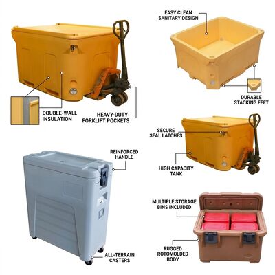 Conteneur isotherme pour le transport d'aliments de 50L à chargement frontal avec loquets en nylon, boîte de restauration roto-moulée
